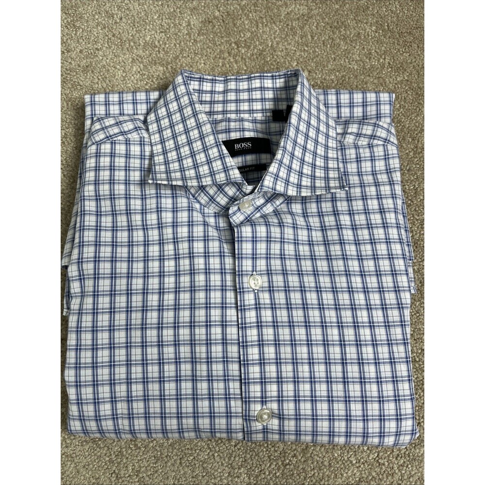 NWOT HUGO Boss Mens Shirt White Blue Plaid Regular Fit Button Sz L Long Sleeve